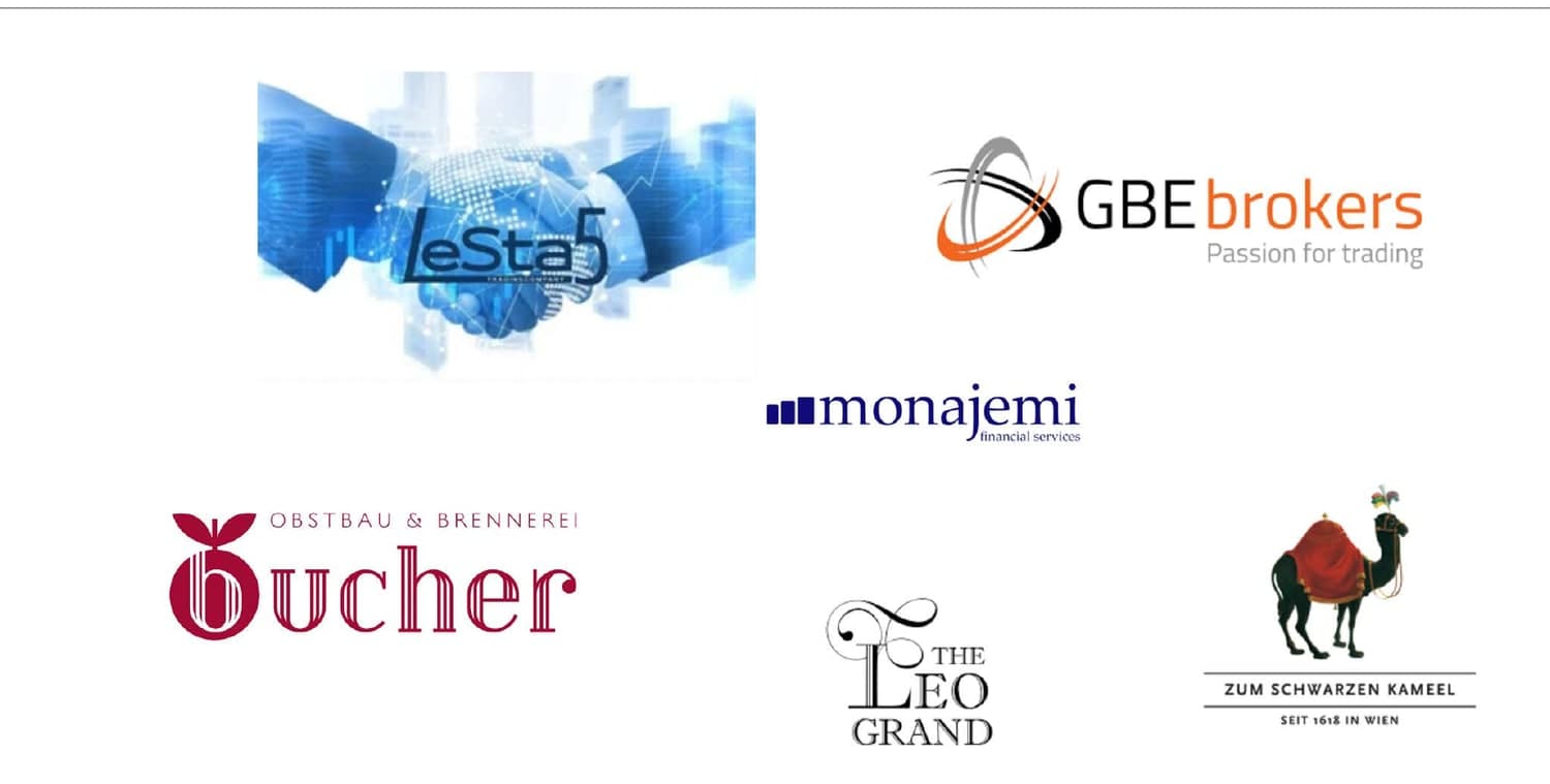 Logos von LeSta5, GBE brokers, Monajemi, Bucher, The Leo Grand und Zum Schwarzen Kameel