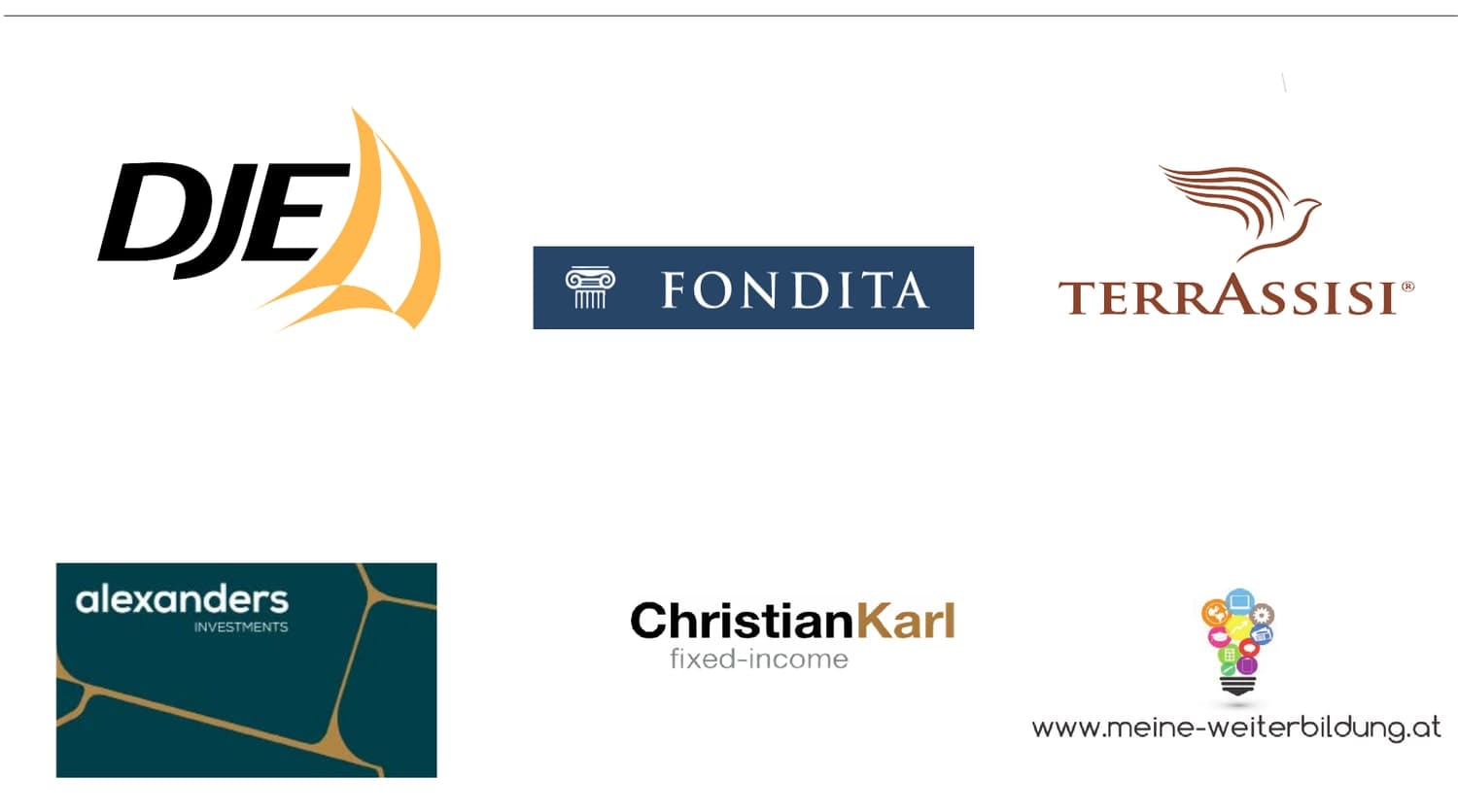Logos von DJE, Fondita, terrAssisi, alexanders Investments, Christian Karl und meine-weiterbildung.at